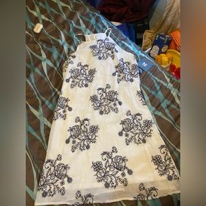 IZ Byer, Midi white dress with navy blue sewing.